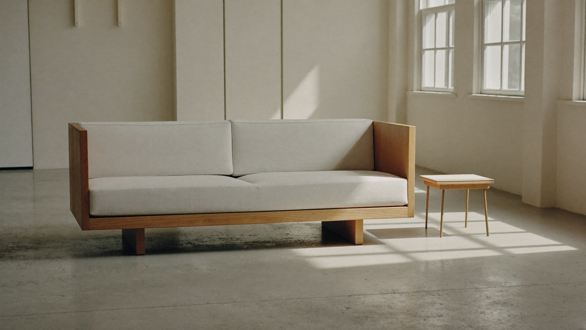Showroom mit niedrigem Eichensofa mit Leinenbezug im Tageslicht, weite ruhige Innenraumaufnahme
